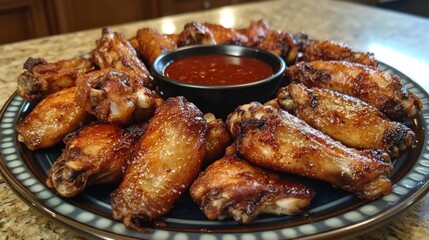 Poster - A sizzling plate of Korean fried chicken wings fresh out of the fryer, served with a tangy dipping sauce.