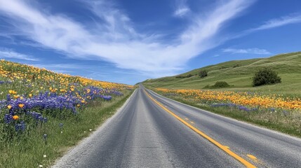 Aufkleber - A smooth, empty road stretching out into the distance, surrounded by fields of wildflowers under a bright blue sky.