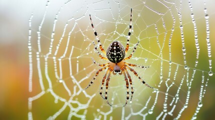Poster - A spider spinning its web on a rainy day, with droplets hanging on the silk threads.