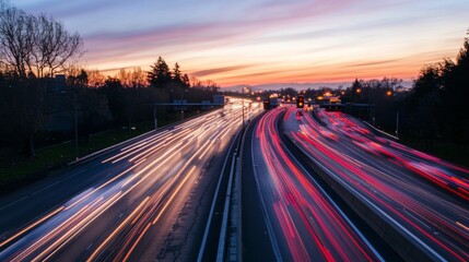 Poster - A time-lapse shot of a highway during rush hour, showing moving vehicles and changing traffic lights.