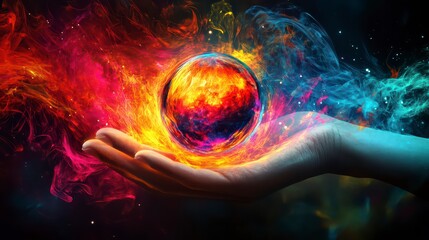 Poster - celestial orb in hand: a hand cradles a vibrant, fiery orb, surrounded by swirling nebulae of color,