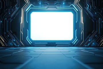 Poster - Futuristic 3D Workspace with Holographic Screen and Cybernetic Design Elements