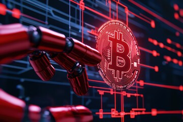 Poster - Robotic Hand Interacting with Cryptocurrency Symbol on Digital Interface in AI Financial Context