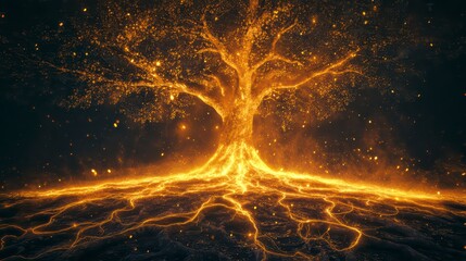 Poster - Celestial Tree: A luminous tree glows against a dark expanse, its branches and roots intertwining, radiating a celestial aura and symbolizing life, growth, and cosmic connection.