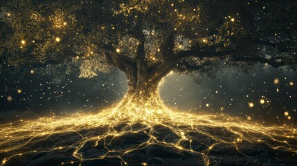Poster - Mystical Tree of Life: An enchanting, digitally enhanced image captures a majestic, illuminated tree. Its roots, branches, and leaves pulsate with golden light. A surreal and ethereal scene