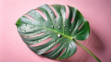 Poster - A single vibrant green leaf with delicate water droplets, a captivating natural design against a soft pink backdrop