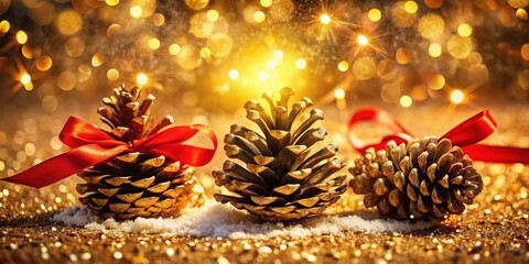 Poster - Golden Pine Cones Adorned with Red Ribbons in a Festive Setting of Sparkling Lights and Snow