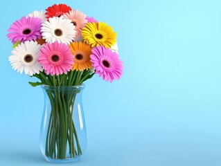 Poster - A vase of colorful flowers against a blue background, photorealistic, high resolution