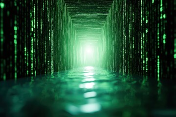 Poster - Surreal Floating Data World with Green Matrix and Illuminated End Point