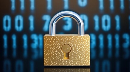 Aufkleber - Digital background featuring a golden padlock centered in the middle, surrounded by blue numbers and letters on a dark background, symbolizing data security