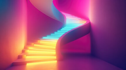 Poster - steps to neon heaven: an artistic representation of a modern staircase bathed in neon light. this ca