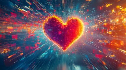 Poster - digital heart's core: an artful digital rendering of a vibrant, pulsating heart, emitting a radiant 