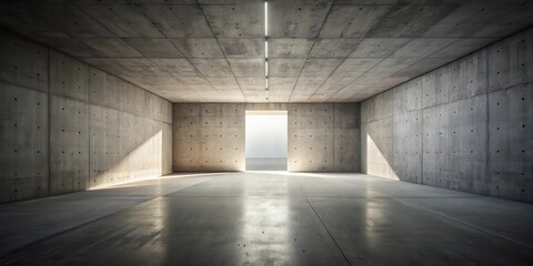 Poster - A minimalistic concrete room with a single door opening to a bright, undefined space.  The light streaming in casts shadows on the floor and walls, creating a sense of depth and anticipation.