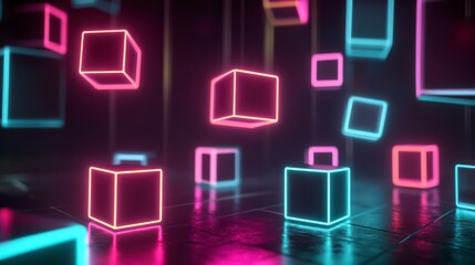 Poster - abstract neon cubes: futuristic digital art showcases vibrant neon cubes, suspended in a dynamic arr