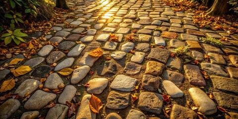 Aufkleber - A cobblestone path bathed in warm sunlight, with fallen leaves scattered across its surface, creating a picturesque autumn scene.