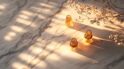Poster - three amber glass bottles casting shadows on a marble surface, with delicate flowers in the backgrou
