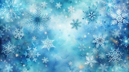 Poster - Watercolor Background With Delicate White Snowflakes Falling On A Blue Sky With Glowing Lights