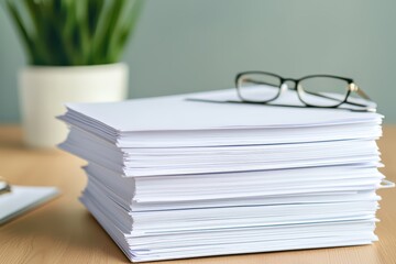 Poster - Stack of Business Reports and Charts on Wooden Desk with Glasses and Green Plant Nearby