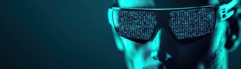 Poster - Surreal Cyber Hacker Merging with Matrix in a Digital Landscape of Binary Code Reflections