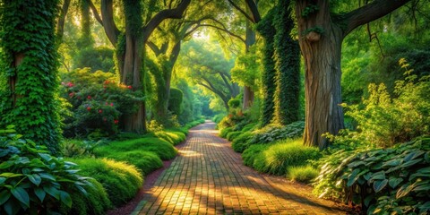 Poster - A brick pathway winds its way through a lush green forest, sunlight dappling the ground and illuminating the path ahead.