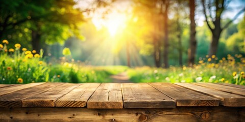 Aufkleber - A rustic wooden table top with a blurred background of a lush, green forest with golden sunlight peeking through the leaves.