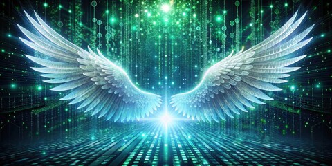 Poster - A pair of white angel wings spread open against a backdrop of a digital green and blue binary code, with a beam of light emanating from between the wings