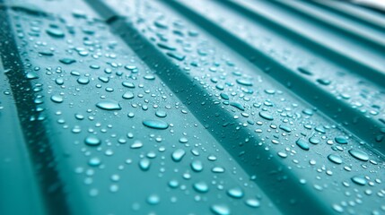 Poster - Droplets of water cling to a vibrant teal surface, reflecting light and creating a mesmerizing pattern. The atmosphere feels fresh and serene after a recent rainfall