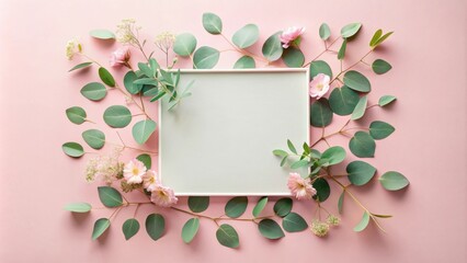 Poster - Delicate Pink Flowers and Green Leaves Create a Frame Around a Blank Space on a Soft Pink Background