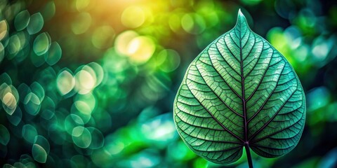 Aufkleber - A single leaf, vibrant green and intricately veined, stands out against a bokeh background of lush greenery, capturing the essence of nature's delicate beauty.