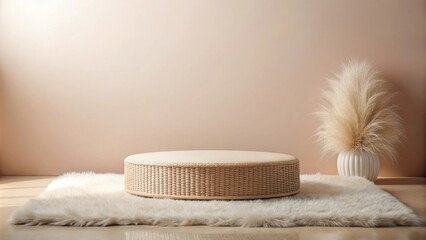 Poster - A Neutral and Minimalist Round Podium on a Fluffy Rug with a Dried Grass Arrangement in a White Pot Against a Cream Wall