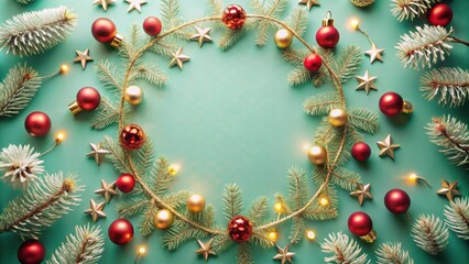 Poster - Festive Christmas Wreath with Red Baubles, Gold Stars, and Twinkling Lights on a Teal Background