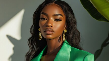 Poster - A poised model stands proudly against a bright backdrop, wearing an eye-catching green ensemble and statement earrings that reflect her bold sense of fashion and confidence
