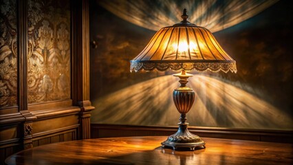 Poster - A vintage lamp with a delicate lace trim casts a warm glow on a wooden table, creating a soft and inviting atmosphere.