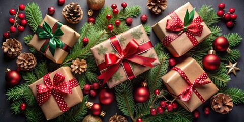Aufkleber - Festive Christmas Gifts Wrapped in Brown Paper with Red and Green Ribbons, Surrounded by Evergreen Branches and Red Ornaments
