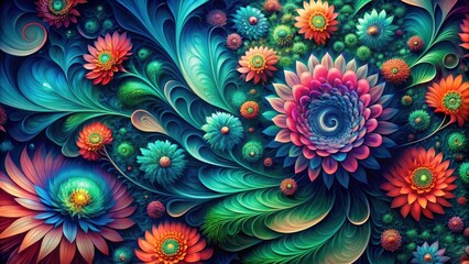 Aufkleber - A vibrant tapestry of stylized flowers blooming with intricate details and vibrant colors, set against a backdrop of swirling, dynamic foliage.