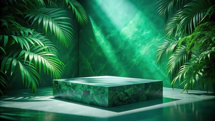 Leinwandbilder - A Lush Green Marble Platform Surrounded by Tropical Foliage with Sunbeams Filtering Through the Canopy