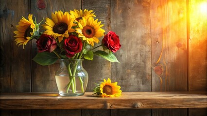 Poster - Rustic wooden shelf with a vase filled with sunflowers and red roses, bathed in golden sunlight