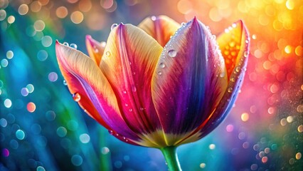Poster - A single tulip with dew drops on its petals, bathed in a soft, colorful bokeh light.