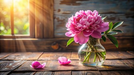 Aufkleber - Pink Peony Bouquet in Glass Vase on Rustic Wooden Table with Sunbeams Streaming Through Window