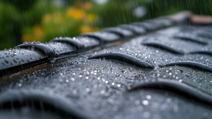 Aufkleber - Delicate raindrops cascade down a uniquely shaped rooftop, glistening in the soft light. The lush greenery and vibrant flowers in the background add a touch of color to the calm, rainy day