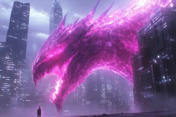 Poster - Spectacular neon dragon emerges over futuristic cityscape during twilight in a dazzling display of light and color