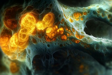 Poster - Intricate details of luminous cells interacting in a microscopic environment at the cellular level during late evening hours