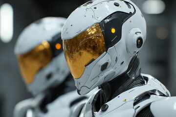 Poster - Futuristic humanoid robots with reflective helmets in a high-tech environment