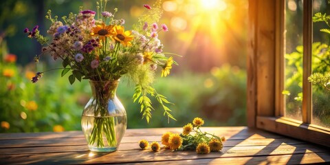 Aufkleber - A vase of colorful wildflowers placed on a wooden table beside a window with the setting sun illuminating the scene