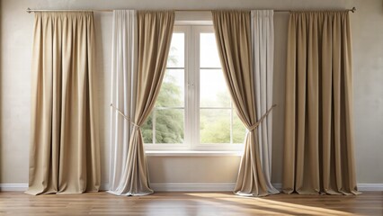 Aufkleber - Sunlight streams through the window, illuminating the beige and white curtains, creating a warm and inviting atmosphere