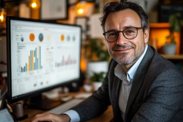 Poster - Professional man working in a modern office with data analysis on the screen at evening