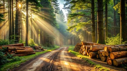 Aufkleber - A sun-drenched path meanders through a verdant forest, sunlight streaming through the canopy and illuminating the stacks of logs lining the way.