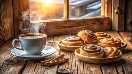 Poster - A steaming cup of coffee and a plate of cinnamon rolls, a perfect way to start the day
