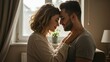 © Qbertstudio - Young Caucasian couple embraces in cozy home, capturing love and intimacy Highlights emotional connection and tenderness