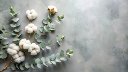 Aufkleber - Delicate White Cotton Blooms and Lush Eucalyptus Leaves on a Textured Gray Background